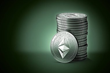 Yığın veya gümüş Ethereum klasik (vb) Demir yığınına hafifçe yeşil mavi arka plan yaktı. Bir jeton doğru açık olduğundan. 3D render (yeni sanal para)
