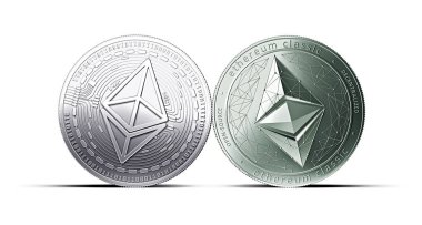 Ethereum ve kopya alanı ile beyaz arka plan üzerinde klasik paralar izole Ethereum çatışması. Rakip cryptocurrencies kavramı. 