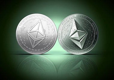 Ethereum ve Ethereum çatışma bir hafifçe aydınlatılmış yansıtıcı koyu yeşil zemin üzerine kopya alanı klasik paralar. Rakip cryptocurrencies kavramı. 
