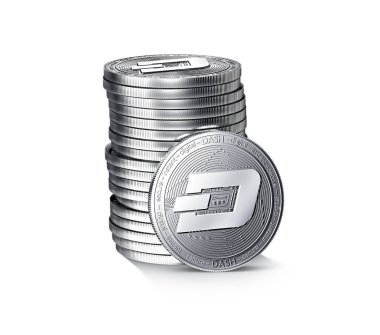 Sikke üzerinde izole beyaz arka plan kazık veya gümüş Dash yığını. Bir jeton doğru açık olduğundan. 3D render (yeni sanal para)