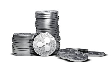 Beyaz arka plan üzerinde izole büyük yığını dalgalanma sikke (Xrp). Madeni para büyüme kavramı dalgalanma. Yeni sanal para, 3d render.