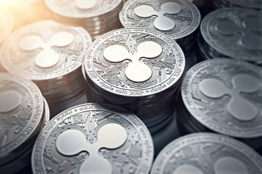 Paralar (Xrp) güneş parlama ile bulanık closeup dalgalanma. Yeni cryptocurrency ve modern bankacılık kavramı. 3D render.