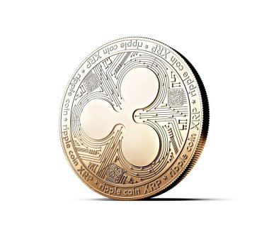 Beyaz arka plan üzerinde izole altın dalgalanma (Xrp) para kavramı. 3D render (yeni sanal para)