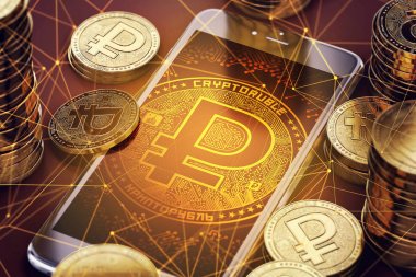 Smartphone ile ekran arasında altın kripto Rublesi paralar turuncu kripto Rublesi sembolü. Cryptoruble kavramı sikke ve sanal cüzdan. 3D render