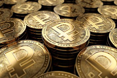 Kripto Rublesi para bulanık closeup çıktı. Yeni cryptocurrency ve modern bankacılık kavramı. 3D render.