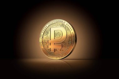 Altın kripto Rublesi cryptocurrency tek sikke üzerinde altın arka plan. Kavram yazı tura. 3D render