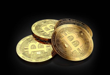 Siyah arka plan üzerine döşeme dört altın Bitcoins yığını. 3D render