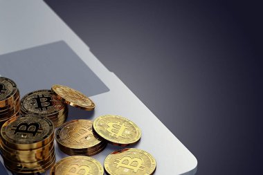 Laptop klavye koyu arka plan üzerinde döşeme Bitcoin paralar. Bitcoin ticaret kavramı. 3D render