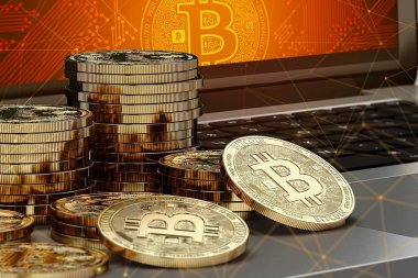 Bitcoin kazık bilgisayarla iletişim Bitcoin logosu ekranda döşeme ve blockchain düğümler çevresinde yakın çekim vuruşta. Bitcoin blockchain nesli tehlike altında olan kavram. 3D render