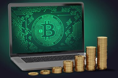 Altın Bitcoin bilgisayar klavye üzerinde döşeme büyüyen yığınları. Bitcoin artan değer kavramı. 3D render