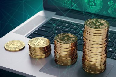 Bitcoin logolu dizüstü ekran ve altın Bitcoin yığınları büyüyen. Bitcoin büyüyen büyük/küçük harf kavramı. 3D render