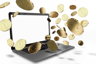 Bitcoin paralar ile bilgisayar, atlama beyaz - girmek senin kendi metin izole kopya alanı ekran, boş. 3D çizim