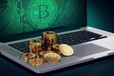 Bilgisayar Bitcoin ile simge ekran klavyesi ve altın Bitcoin yığınları. Bitcoin ticaret kavramı. 3D render