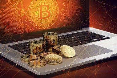 Bitcoin kazık bilgisayarla iletişim Bitcoin logosu ekranda döşeme ve blockchain düğümler her yerde. Bitcoin hareketleri nesli tehlike altında olan kavram. 3D render