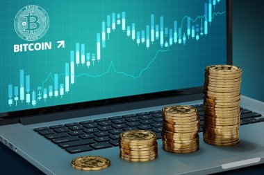 Hızla Bitcoin değer kavramı - dört büyüyen Bitcoin kazık karşı başarı grafiği ile laptop ekran büyüyor. 3D render