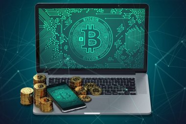 Dizüstü bilgisayar ve Bitcoin ile akıllı telefon simgesi ekranda ve altın Bitcoin yığınları. Bitcoin transfer kavramı. 3D render