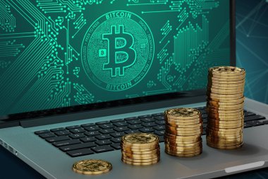 Bitcoin logolu dizüstü ekran ve altın Bitcoin yığınları büyüyen. Bitcoin büyüyen büyük/küçük harf kavramı. 3D render