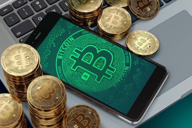 Smartphone ile ekran bilgisayar klavye Bitcoin kazık çevresinde döşeme Bitcoin sembolü. Bitcoin popülerlik kavramı üzerinde kazandı. 3D render