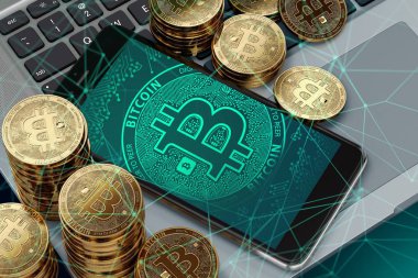 Smartphone ile ekran bilgisayar klavye üzerinde döşeme Bitcoin sembolü. Blockchain kavramı aktarır. 3D render