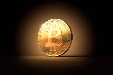 Bitcoin Gold (BTG) on gently lit background with copy space - as the result of latest Bitcoin's Hard Fork. 3D rendering clipart