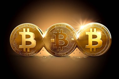 Sabit çatal bir sonucu olarak üç farklı Bitcoins. Farklı para birimlerinde kavramı yarma Bitcoin. 3D çizim