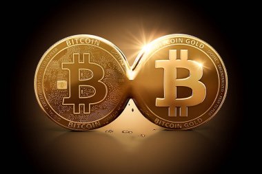 Bitcoin Gold emerging out of Bitcoin as a result of Hard Fork. Bitcoin splitting into two currencies concept. 3D illustration, clipart