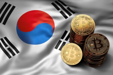 Bitcoin yığını Güney Kore bayrağı paraları. Bitcoin ve diğer cryptocurrencies Güney Kore kavram durumu. 3D render