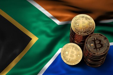 Bitcoin yığını Güney Afrika bayrağı paraları. Bitcoin ve diğer cryptocurrencies Güney Afrika kavram durumu. 3D render