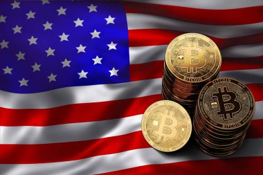 Bitcoin yığını ABD bayrağı paraları. Bitcoin ve diğer cryptocurrencies ABD kavram durumu. 3D render