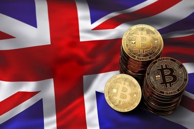 Bitcoin yığını İngiltere bayrağı paraları. Bitcoin ve diğer cryptocurrencies İngiltere'de kavram durumu. 3D render