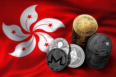 Bitcoin yığını Hong Kong bayrağı paraları. Bitcoin ve diğer cryptocurrencies Hong Kong kavram durumu. 3D render