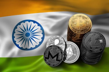 Bitcoin yığını Hint bayrağı paraları. Bitcoin ve diğer cryptocurrencies Hindistan kavram durumu. 3D render