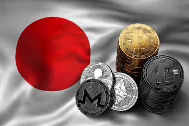 Bitcoin yığını Japon bayrağı paraları. Bitcoin ve diğer cryptocurrencies Japonya kavram durumu. 3D render