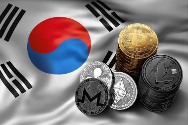 Bitcoin yığını Güney Kore bayrağı paraları. Bitcoin ve diğer cryptocurrencies Güney Kore kavram durumu. 3D render