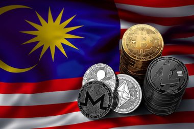 Bitcoin yığını Malezya bayrağı paraları. Bitcoin ve diğer cryptocurrencies Malezya kavram durumu. 3D render