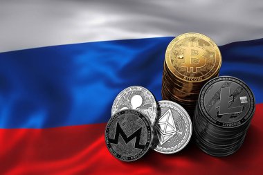 Bitcoin yığını Rus bayrağı paraları. Bitcoin ve diğer cryptocurrencies Rusya kavram durumu. 3D render