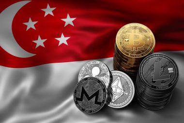 Stack of Bitcoin coins on Singaporean flag. Situation of Bitcoin and other cryptocurrencies in Singapore concept. 3D Rendering clipart