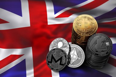Bitcoin yığını İngiltere bayrağı paraları. Bitcoin ve diğer cryptocurrencies İngiltere'de kavram durumu. 3D render