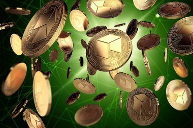 Neo blockchain düğümler arasında Paraları paraları. Başarı ve büyüme kavramı. Kapakları, poster, afiş ve diğer reklam projeleri için mükemmel. 3D render