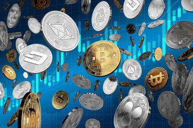 Altcoins Bitcoin Merkezi ile lider olarak uçan. Bitcoin en önemli cryptocurrency kavram olarak. 3D çizim