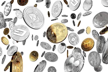 Altcoins Bitcoin Merkezi ile lider olarak uçan. Bitcoin en önemli cryptocurrency kavram olarak. 3D çizim