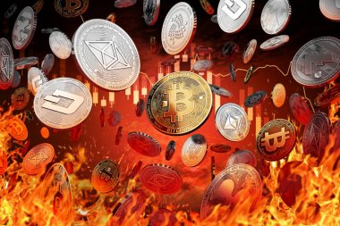 Farklı cryptocurrency paralar ateşe düşer. Düşüş veya Pazar kazasında kavramı. 3D render