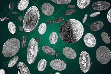 Ethereum paraları blockchain düğümler arasında. Başarı ve büyüme kavramı. Kapakları, poster, afiş ve diğer reklam projeleri için mükemmel. 3D render