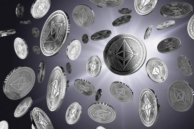 Işıklı bir arka plan üzerinde dağınık Ethereum paralar. Başarı ve büyüme kavramı. Kapakları, poster, afiş ve diğer reklam projeleri için mükemmel. 3D render