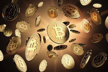 Işıklı bir arka plan üzerinde dağınık Bitcoin nakit paralar. Başarı ve büyüme kavramı. Kapakları, poster, afiş ve diğer reklam projeleri için mükemmel. 3D render