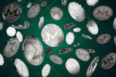 Blockchain düğümler arasında monero paralar. Başarı ve büyüme kavramı. Kapakları, poster, afiş ve diğer reklam projeleri için mükemmel. 3D render