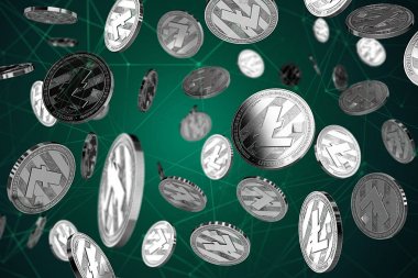 Litecoin paraları blockchain düğümler arasında. Başarı ve büyüme kavramı. Kapakları, poster, afiş ve diğer reklam projeleri için mükemmel. 3D render