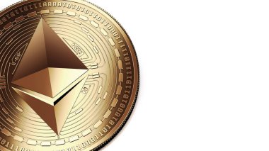 Altın Ethereum (Eth) nerede metin veya grafik yerleştirebilirsiniz kopya alanı sağdaki bir kadeh makro. Beyaz izole. 3D render