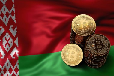 Bitcoin yığını Belarus bayrağı paraları. Bitcoin ve diğer cryptocurrencies Beyaz Rusya kavram durumu. 3D render