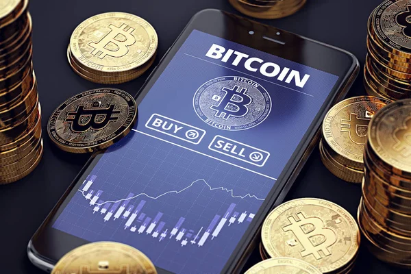 Smartphone mit Bitcoin-Diagramm auf dem Bildschirm zwischen Stapeln von Bitcoins. Bitcoin-Handelskonzept. 3D-Darstellung — Stockfoto